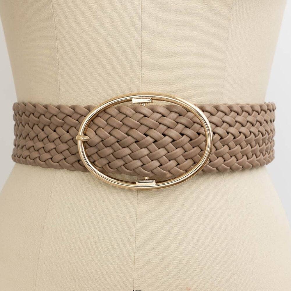 Wide Oval Gold Buckle Vegan Leather Braided Belt Taupe